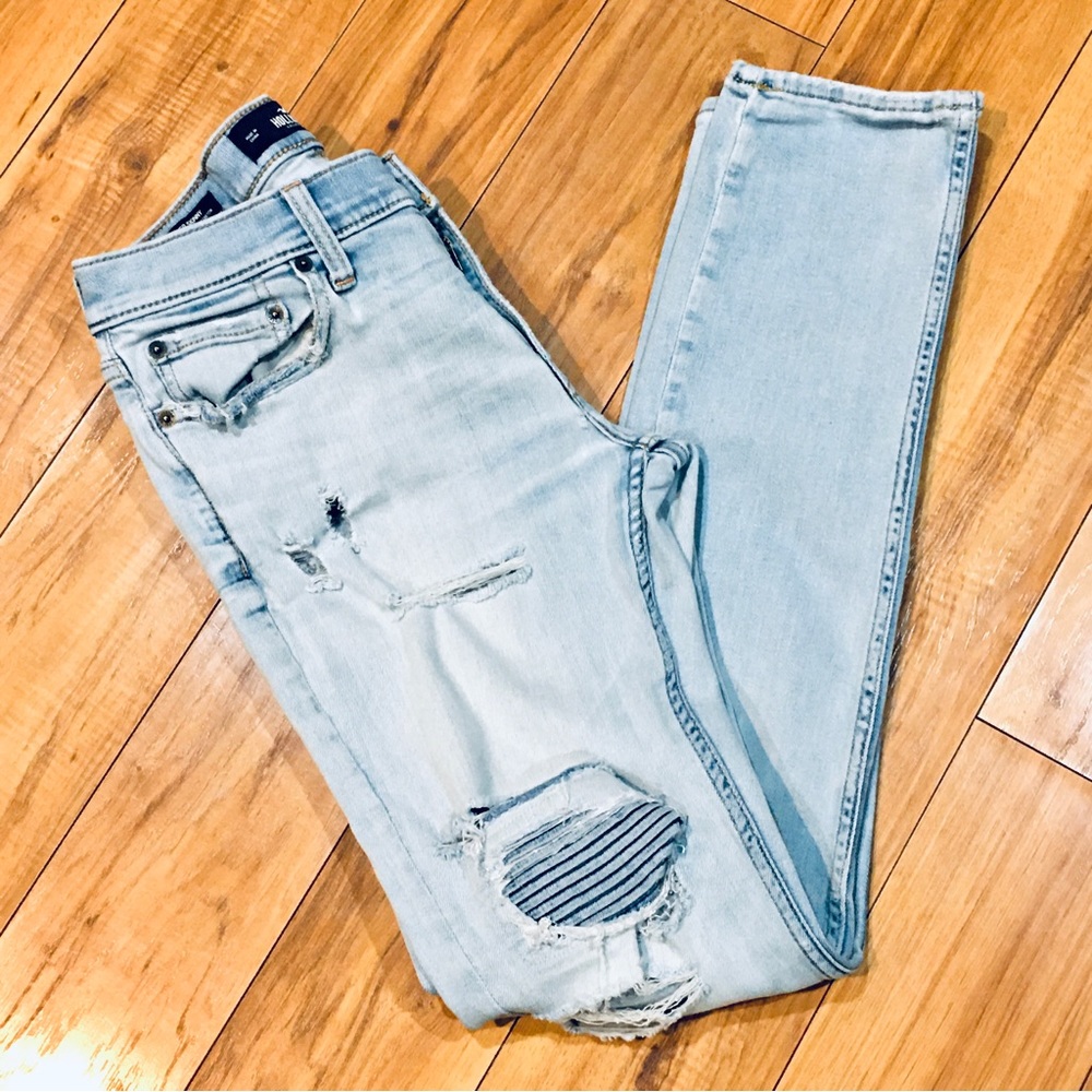 Hollister stacked  skinny denim blue jeans distressed light wash 2